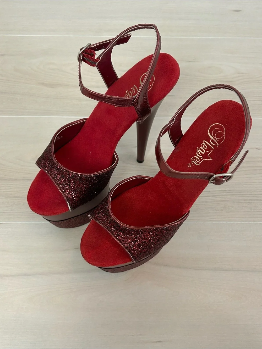 red glitter flamingo pleaser heels